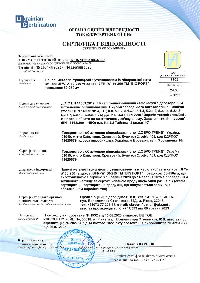 Сертифікат якості по виробництву сендвіч-панелей (титульна)